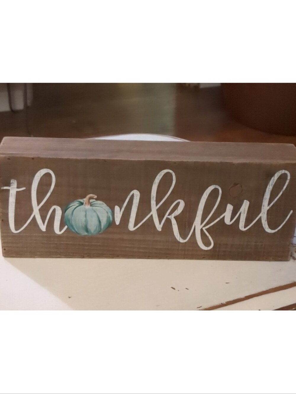 'thankful' Wooden Block Sign w/Teal Pumpkin